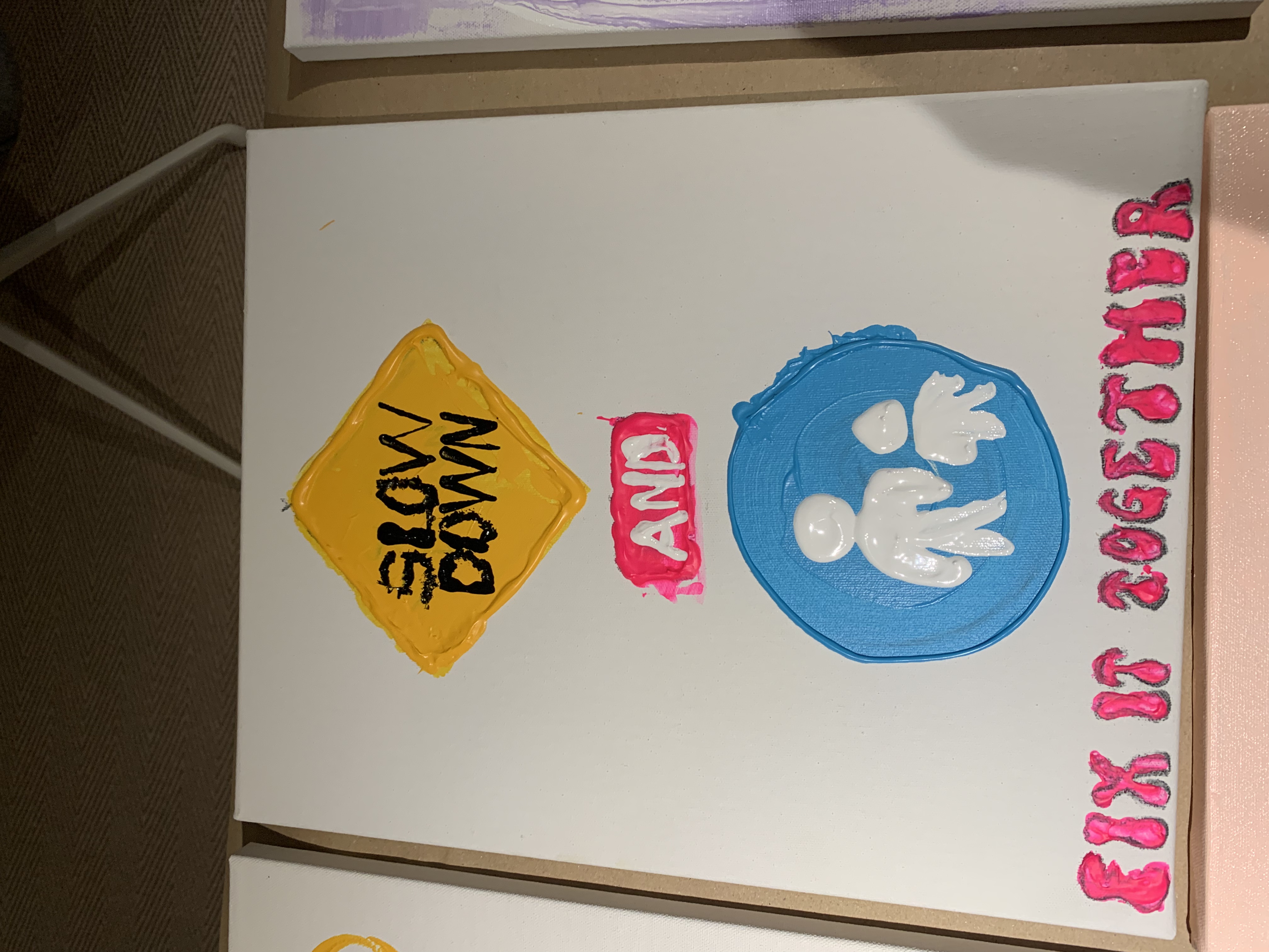 An oil painting vertically imposing a yellow diamond-shaped traffic sign saying "Slow down", a pinkish sign saying "and", and a children crossing, blue-hued traffic sign, and at the bottom, in pink, text in hippy typography stating "fix it together"